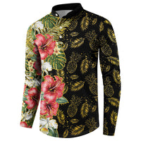 Hawaii Discoverers Day Button Sweatshirt Tropical Hibiscus Glitter Black LT05 - Polynesian Pride