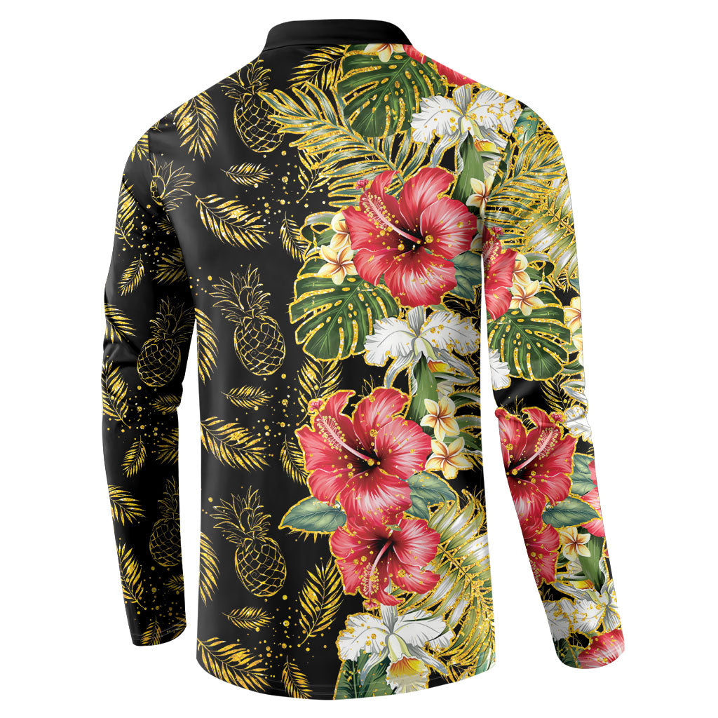 Hawaii Discoverers Day Button Sweatshirt Tropical Hibiscus Glitter Black LT05 - Polynesian Pride
