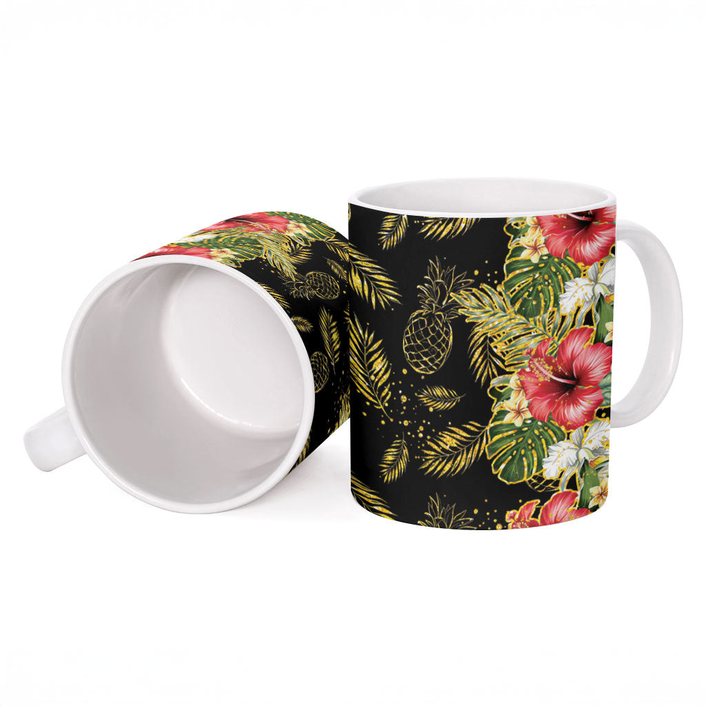 Hawaii Discoverers Day Ceramic Mug Tropical Hibiscus Glitter Black LT05 - Polynesian Pride