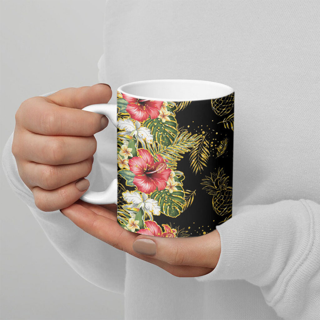 Hawaii Discoverers Day Ceramic Mug Tropical Hibiscus Glitter Black LT05 - Polynesian Pride