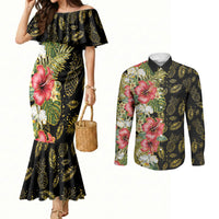 Hawaii Discoverers Day Couples Matching Mermaid Dress and Long Sleeve Button Shirt Tropical Hibiscus Glitter Black LT05 Black - Polynesian Pride