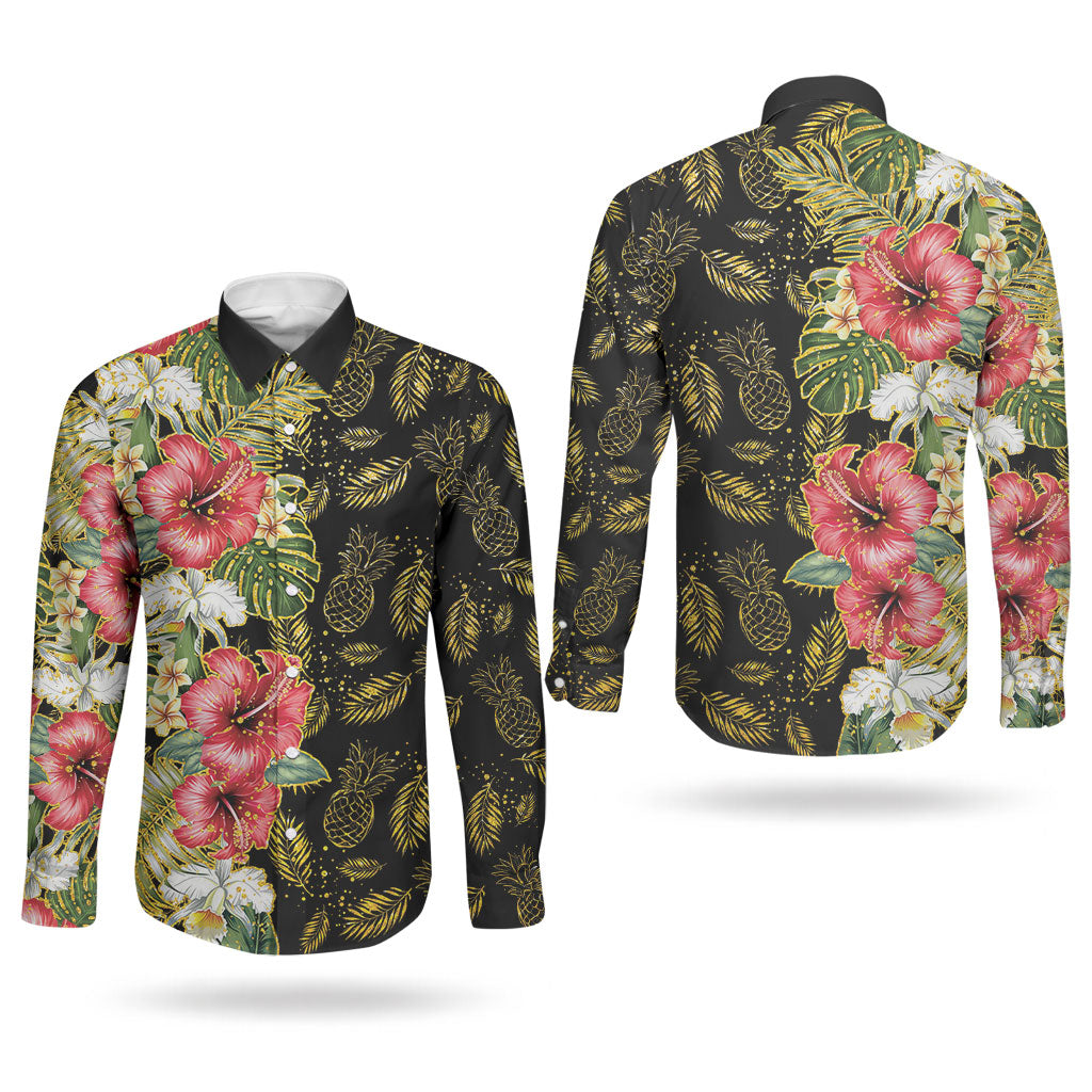Hawaii Discoverers Day Couples Matching Off Shoulder Short Dress and Long Sleeve Button Shirt Tropical Hibiscus Glitter Black LT05 - Polynesian Pride