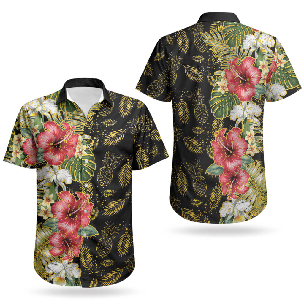 Hawaii Discoverers Day Couples Matching Tank Maxi Dress and Hawaiian Shirt Tropical Hibiscus Glitter Black LT05 - Polynesian Pride