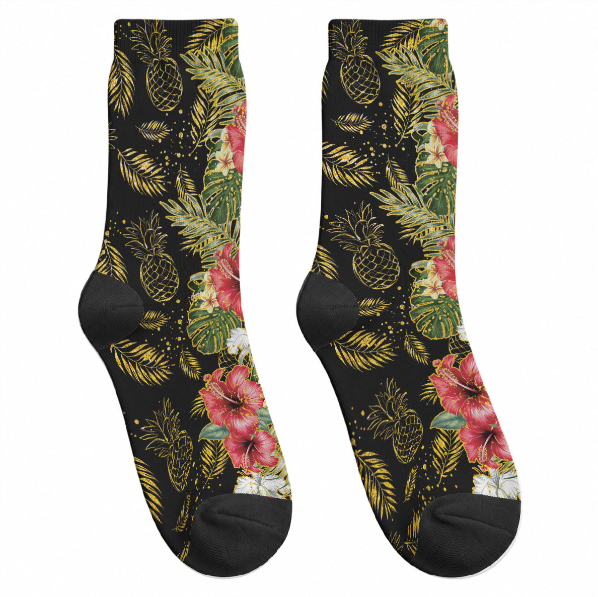 Hawaii Discoverers Day Crew Socks Tropical Hibiscus Glitter Black LT05 - Polynesian Pride