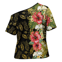 Hawaii Discoverers Day Cross Shoulder Shirt Tropical Hibiscus Glitter Black LT05 - Polynesian Pride