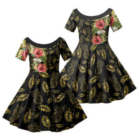 Hawaii Discoverers Day Family Matching Off Shoulder Maxi Dress and Hawaiian Shirt Tropical Hibiscus Glitter Black LT05 Daughter's Dress Black - Polynesian Pride