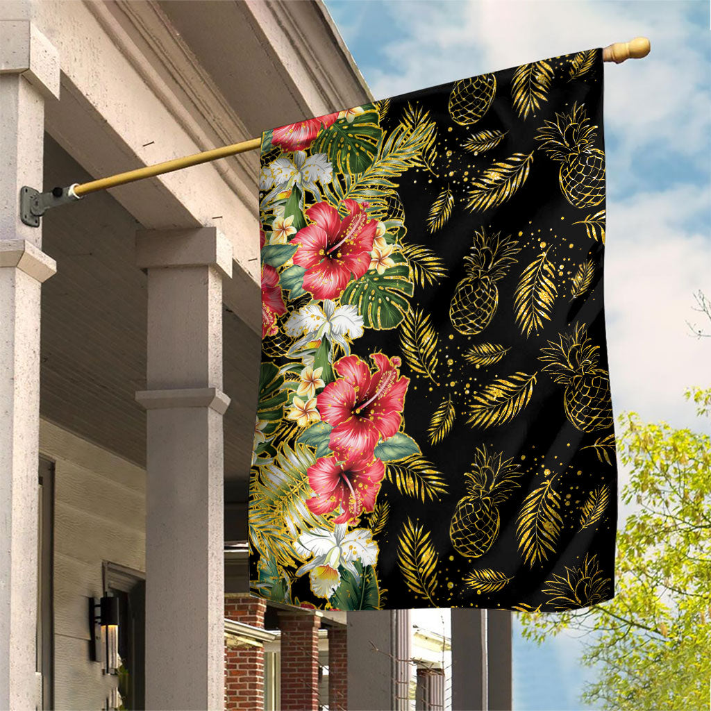 Hawaii Discoverers Day Garden Flag Tropical Hibiscus Glitter Black