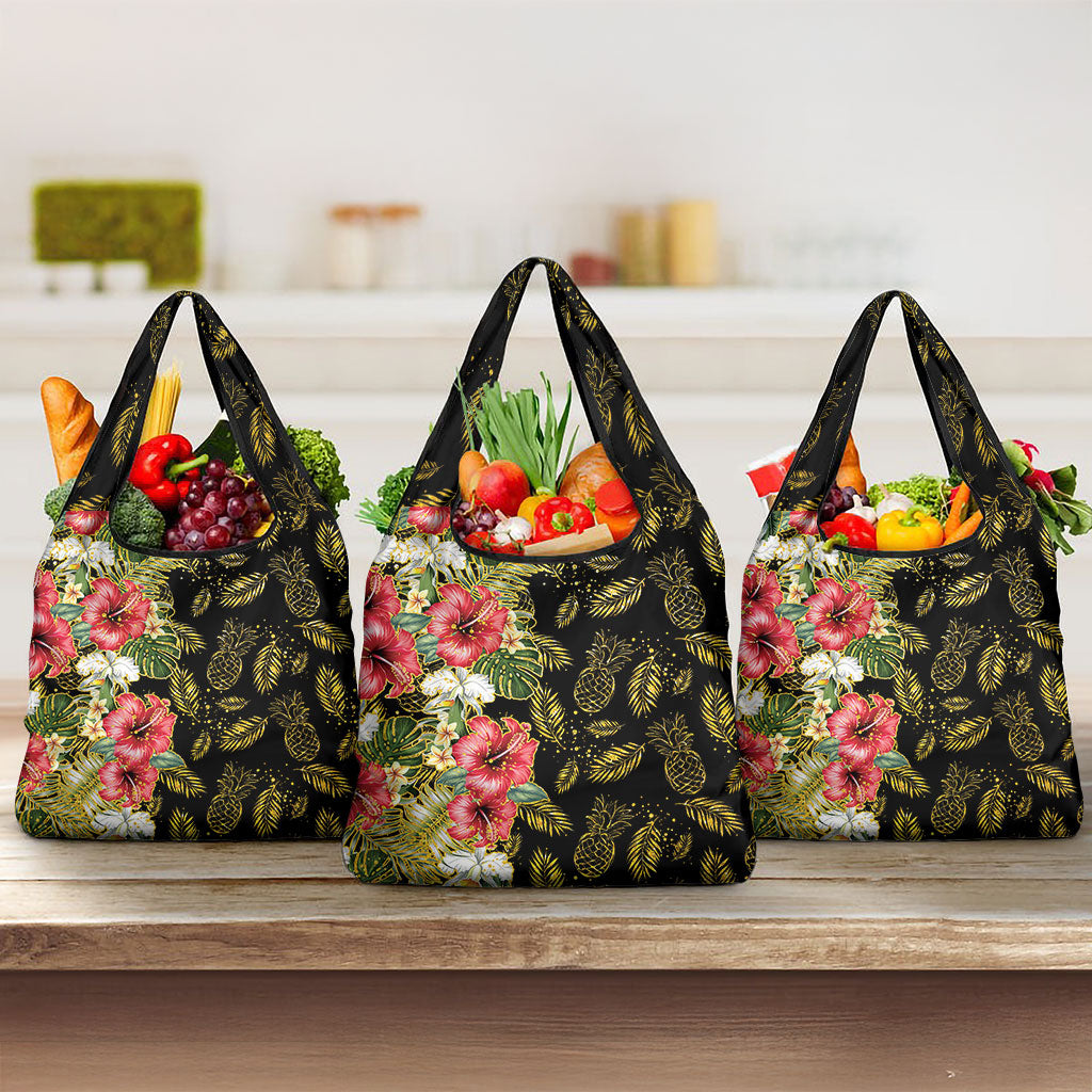 Hawaii Discoverers Day Grocery Bag Tropical Hibiscus Glitter Black LT05 3-pack One Size Black - Polynesian Pride