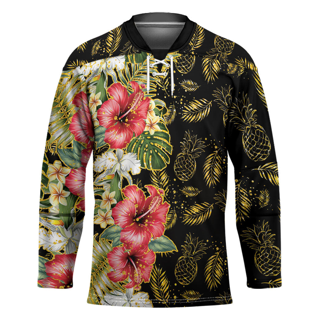 Hawaii Discoverers Day Hockey Jersey Tropical Hibiscus Glitter Black LT05 Unisex Black - Polynesian Pride