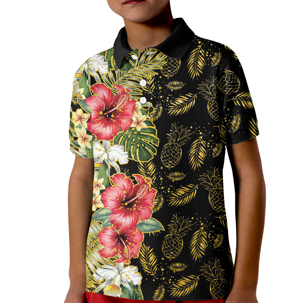 Hawaii Discoverers Day Kid Polo Shirt Tropical Hibiscus Glitter Black LT05 Kid Black - Polynesian Pride