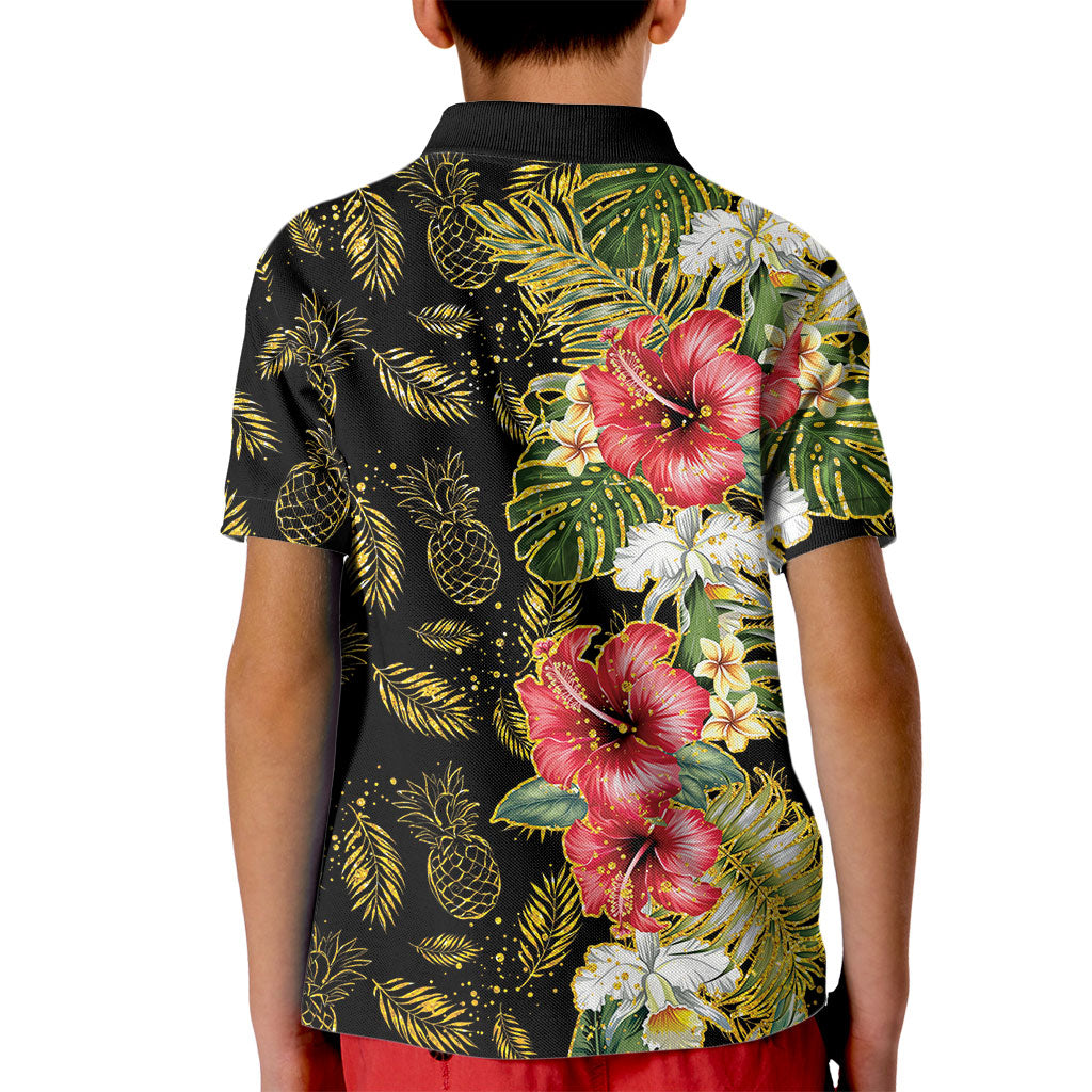 Hawaii Discoverers Day Kid Polo Shirt Tropical Hibiscus Glitter Black LT05 - Polynesian Pride