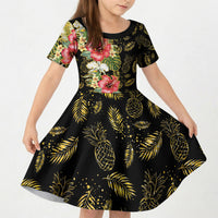 Hawaii Discoverers Day Kid Short Sleeve Dress Tropical Hibiscus Glitter Black LT05 KID Black - Polynesian Pride