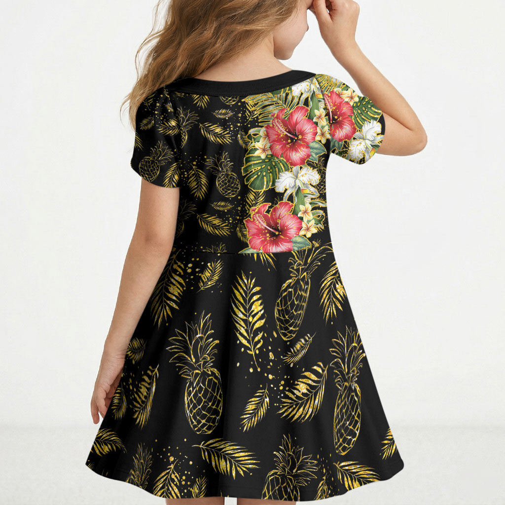 Hawaii Discoverers Day Kid Short Sleeve Dress Tropical Hibiscus Glitter Black LT05 - Polynesian Pride
