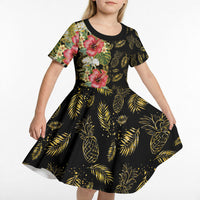 Hawaii Discoverers Day Kid Short Sleeve Dress Tropical Hibiscus Glitter Black LT05 - Polynesian Pride