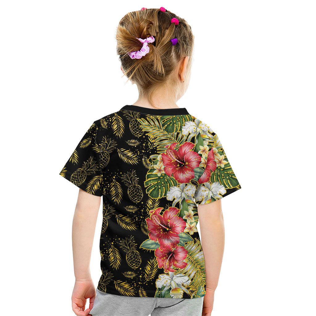 Hawaii Discoverers Day Kid T Shirt Tropical Hibiscus Glitter Black