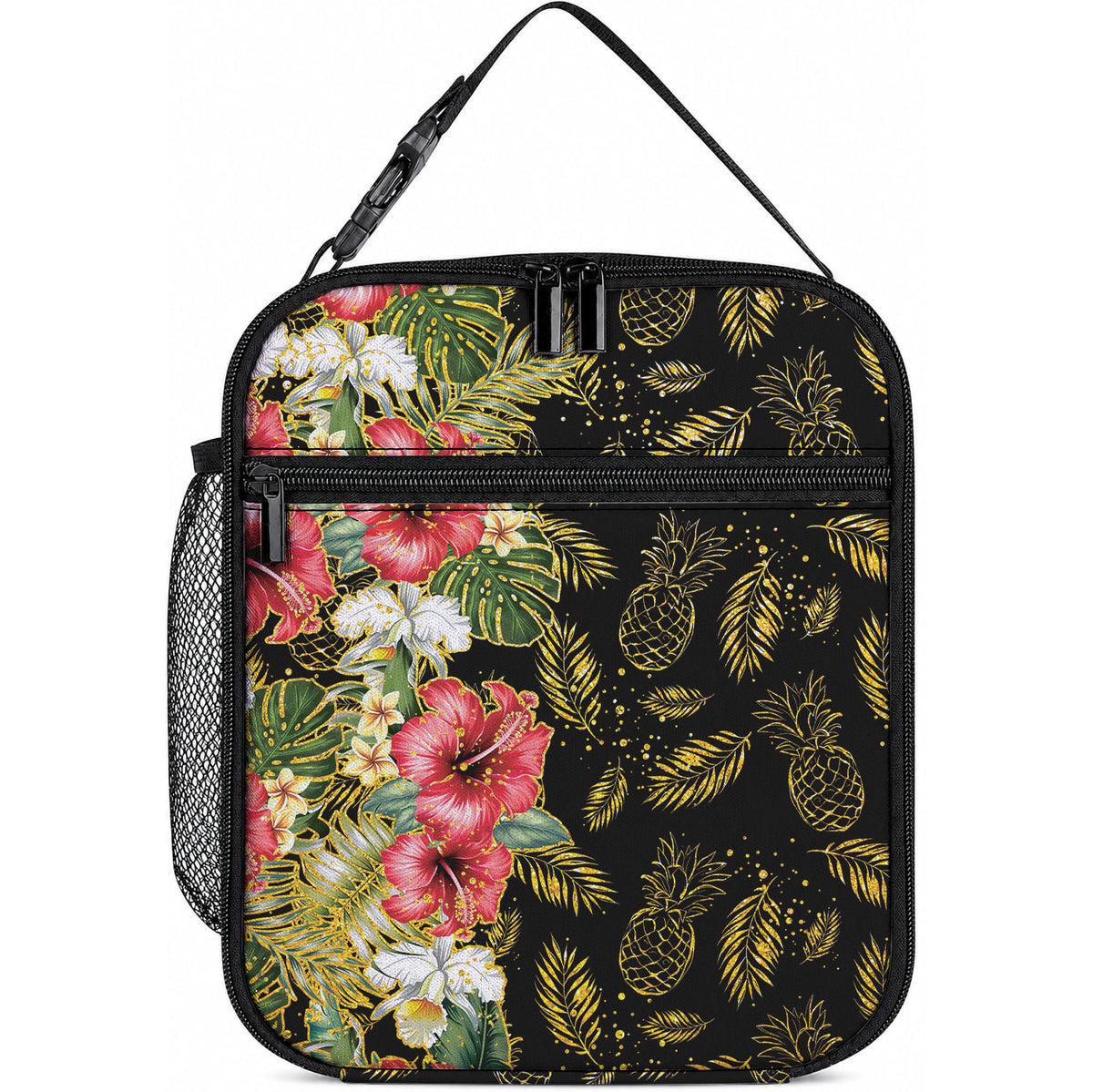 Hawaii Discoverers Day Lunch Bag Tropical Hibiscus Glitter Black LT05 10.2 × 8.3 × 4.3 inch Black - Polynesian Pride