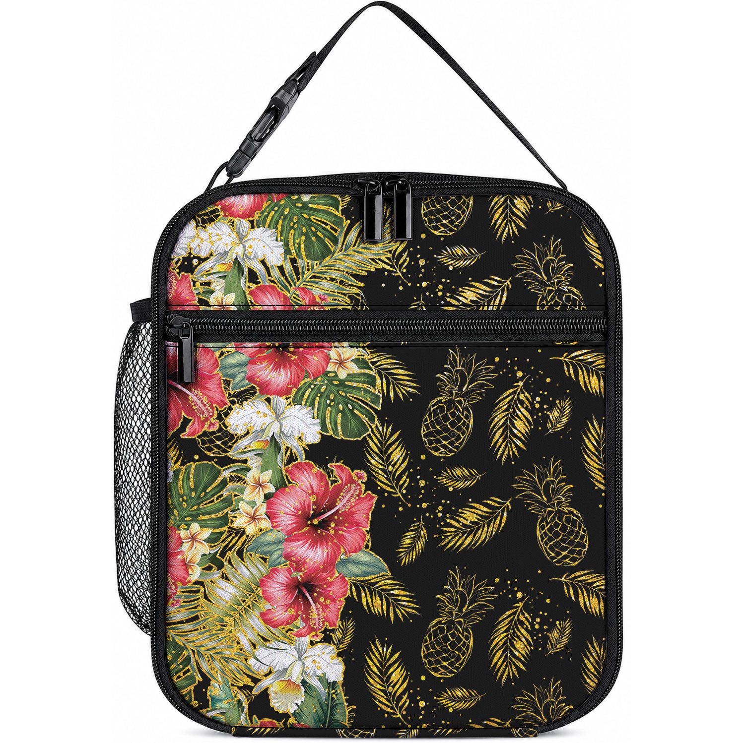 Hawaii Discoverers Day Lunch Bag Tropical Hibiscus Glitter Black LT05 10.2 × 8.3 × 4.3 inch Black - Polynesian Pride