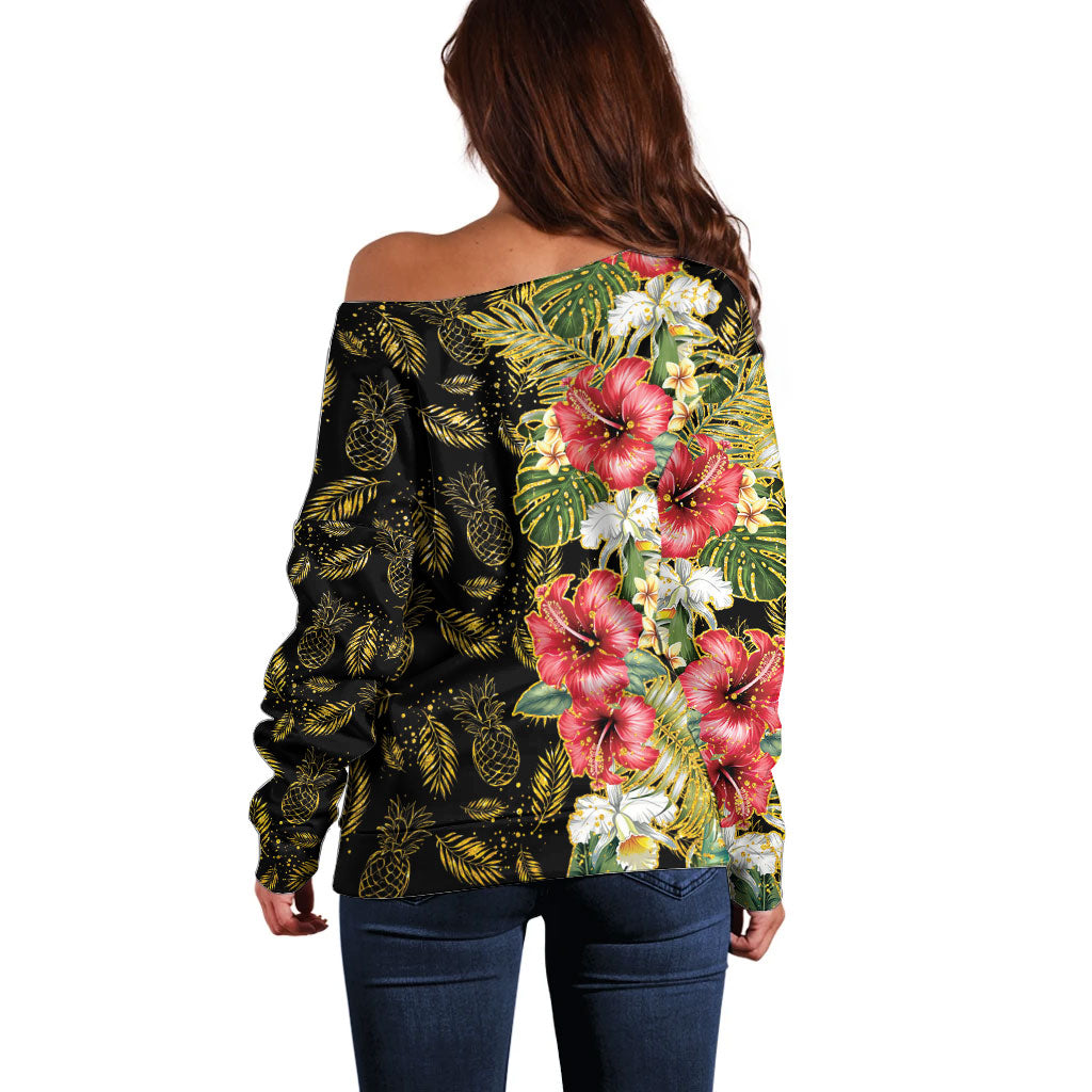 Hawaii Discoverers Day Off Shoulder Sweater Tropical Hibiscus Glitter Black LT05 - Polynesian Pride