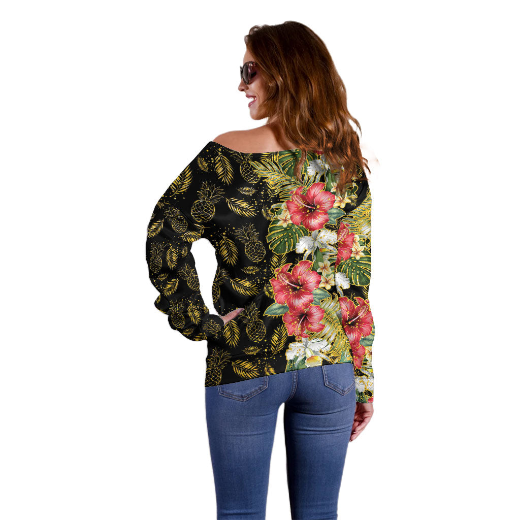 Hawaii Discoverers Day Off Shoulder Sweater Tropical Hibiscus Glitter Black LT05 - Polynesian Pride