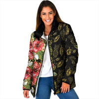 Hawaii Discoverers Day Padded Jacket Tropical Hibiscus Glitter Black LT05 Women Black - Polynesian Pride
