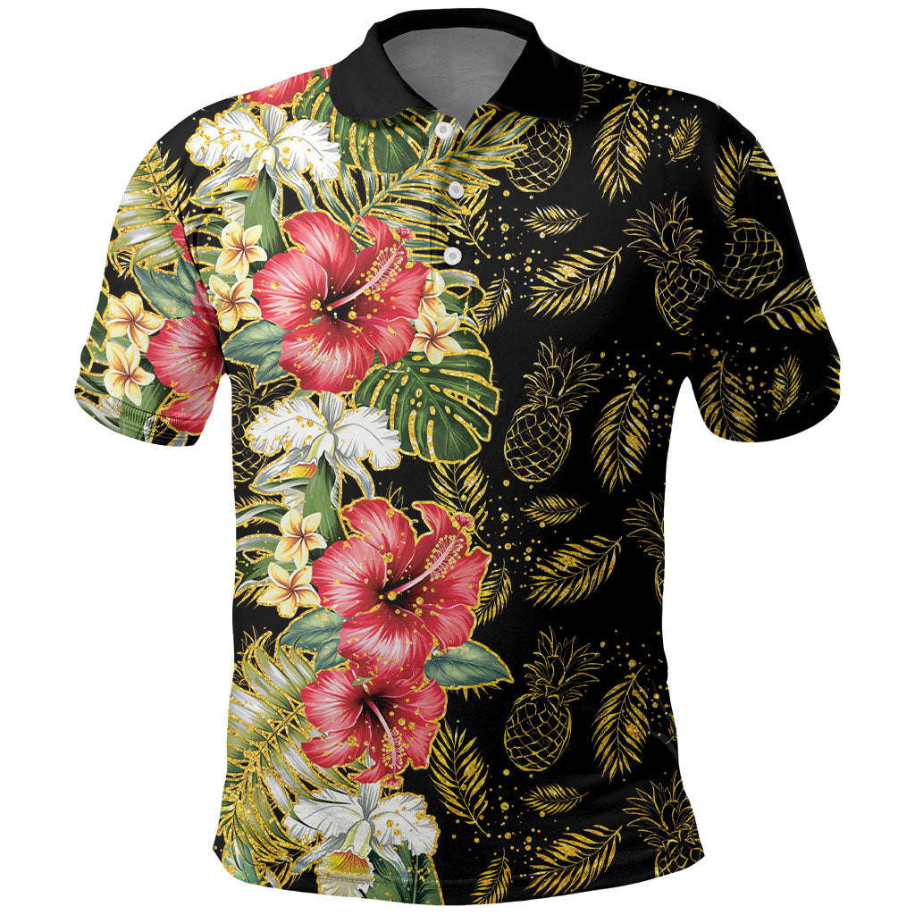 Hawaii Discoverers Day Polo Shirt Tropical Hibiscus Glitter Black