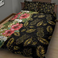 Hawaii Discoverers Day Quilt Bed Set Tropical Hibiscus Glitter Black LT05 - Polynesian Pride