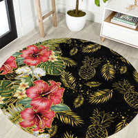 Hawaii Discoverers Day Round Carpet Tropical Hibiscus Glitter Black LT05 Black - Polynesian Pride