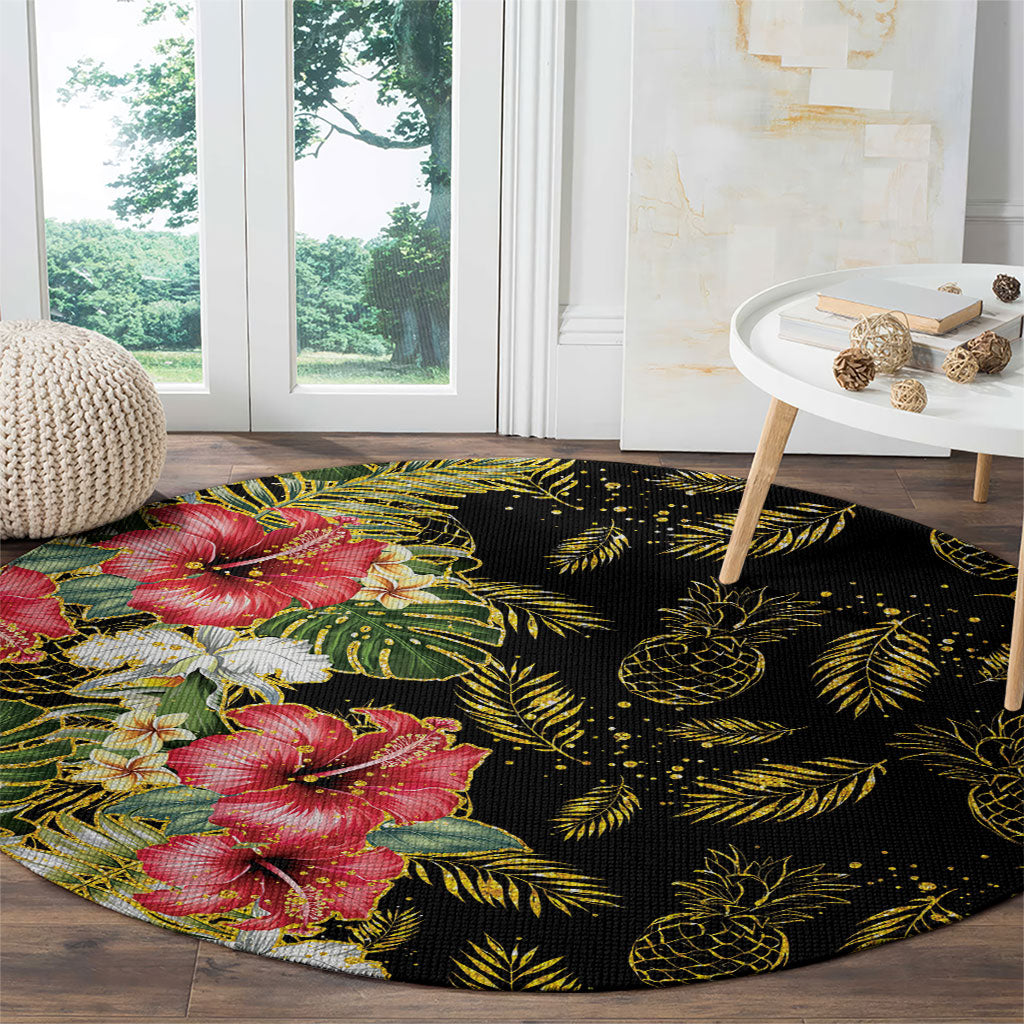 Hawaii Discoverers Day Round Carpet Tropical Hibiscus Glitter Black LT05 - Polynesian Pride