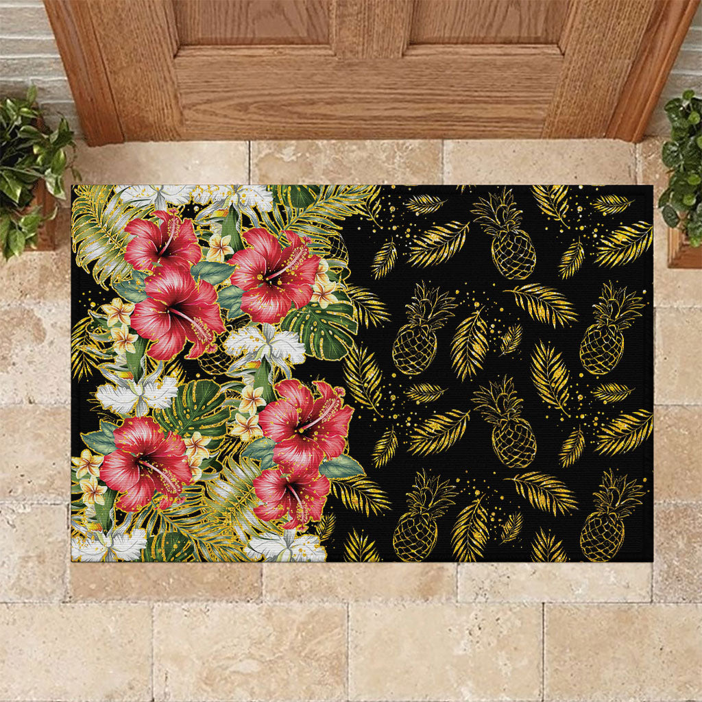 Hawaii Discoverers Day Rubber Doormat Tropical Hibiscus Glitter Black LT05 Black - Polynesian Pride