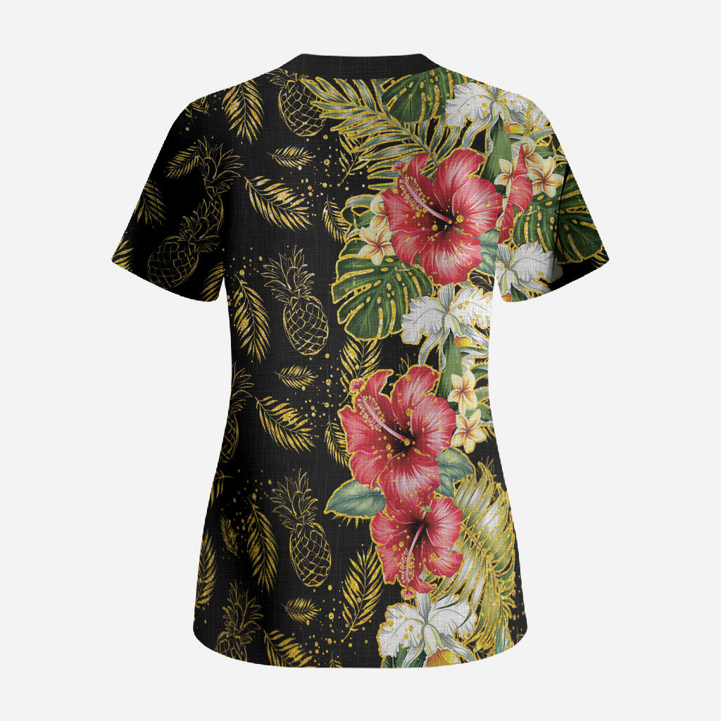 Hawaii Discoverers Day Scrub Top Tropical Hibiscus Glitter Black LT05 - Polynesian Pride