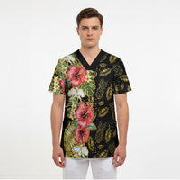 Hawaii Discoverers Day Scrub Top Tropical Hibiscus Glitter Black LT05 - Polynesian Pride
