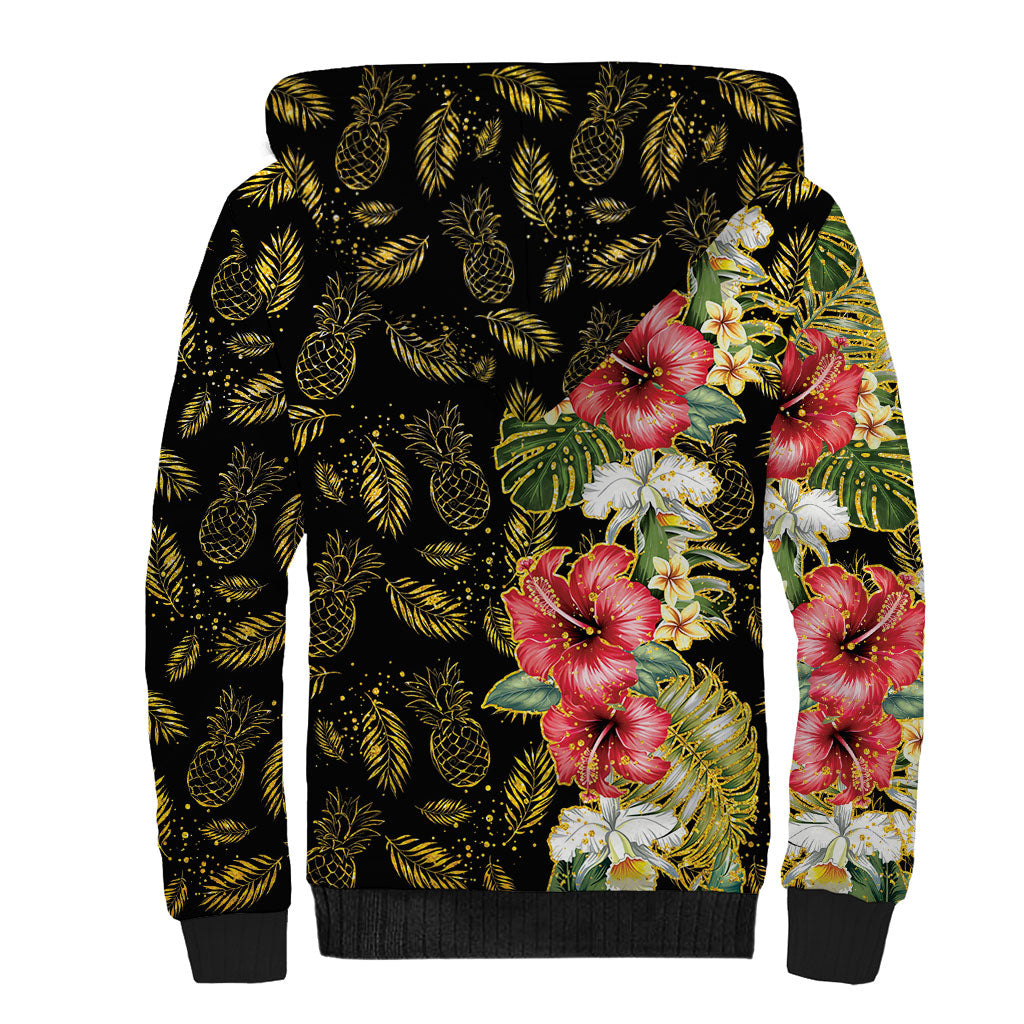 Hawaii Discoverers Day Sherpa Hoodie Tropical Hibiscus Glitter Black LT05 - Polynesian Pride