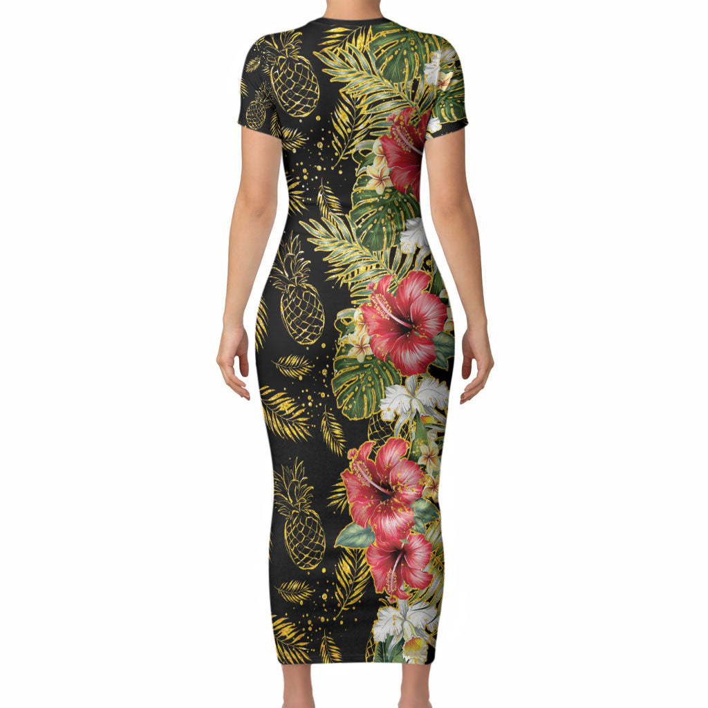Hawaii Discoverers Day Short Sleeve Bodycon Dress Tropical Hibiscus Glitter Black LT05 - Polynesian Pride