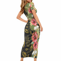 Hawaii Discoverers Day Short Sleeve Bodycon Dress Tropical Hibiscus Glitter Black LT05 - Polynesian Pride