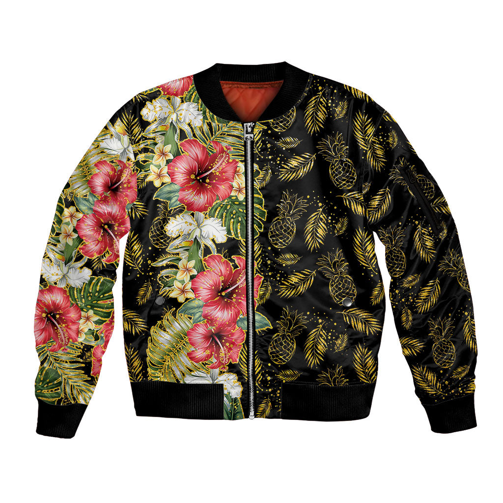 Hawaii Discoverers Day Sleeve Zip Bomber Jacket Tropical Hibiscus Glitter Black LT05 Unisex Black - Polynesian Pride