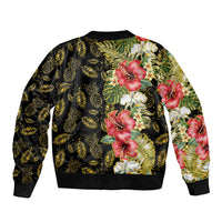 Hawaii Discoverers Day Sleeve Zip Bomber Jacket Tropical Hibiscus Glitter Black LT05 - Polynesian Pride