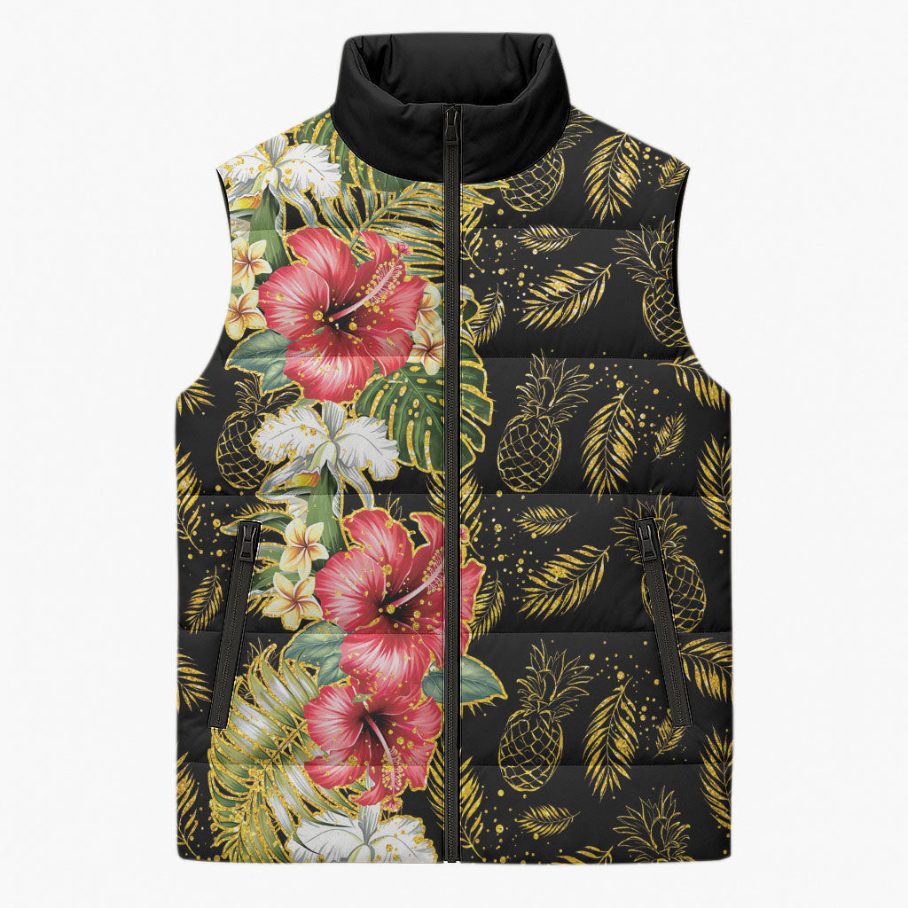 Hawaii Discoverers Day Sleeveless Puffer Jacket Tropical Hibiscus Glitter Black LT05 Unisex Black - Polynesian Pride