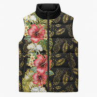 Hawaii Discoverers Day Sleeveless Puffer Jacket Tropical Hibiscus Glitter Black LT05 Unisex Black - Polynesian Pride