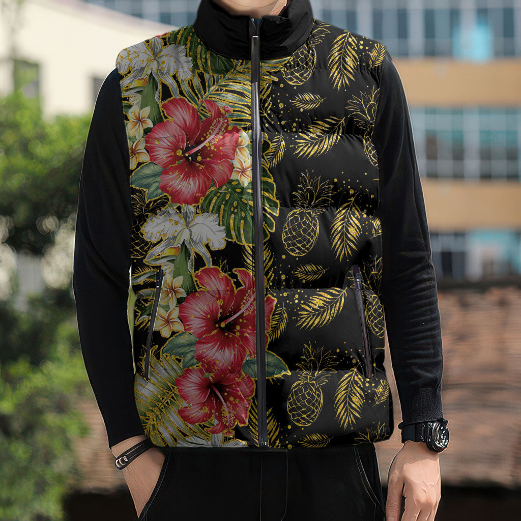 Hawaii Discoverers Day Sleeveless Puffer Jacket Tropical Hibiscus Glitter Black LT05 - Polynesian Pride