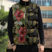 Hawaii Discoverers Day Sleeveless Puffer Jacket Tropical Hibiscus Glitter Black LT05 - Polynesian Pride