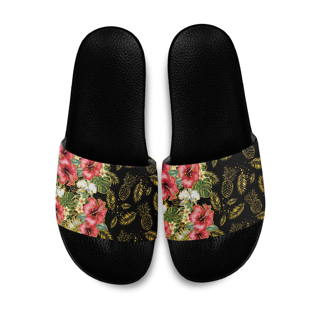 Hawaii Discoverers Day Slide Sandals Tropical Hibiscus Glitter Black LT05 Black - Polynesian Pride