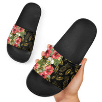 Hawaii Discoverers Day Slide Sandals Tropical Hibiscus Glitter Black LT05 - Polynesian Pride
