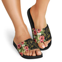 Hawaii Discoverers Day Slide Sandals Tropical Hibiscus Glitter Black LT05 - Polynesian Pride