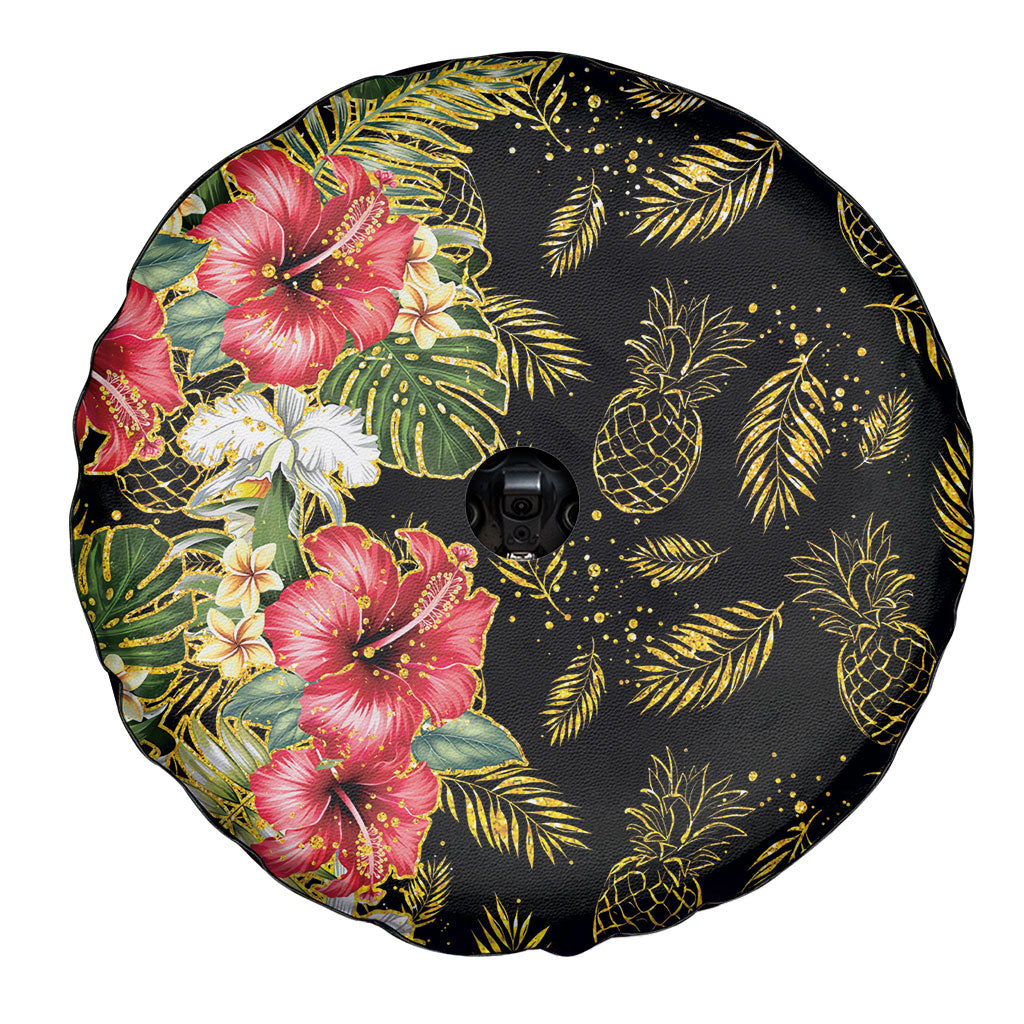 Hawaii Discoverers Day Spare Tire Cover Tropical Hibiscus Glitter Black LT05 - Polynesian Pride
