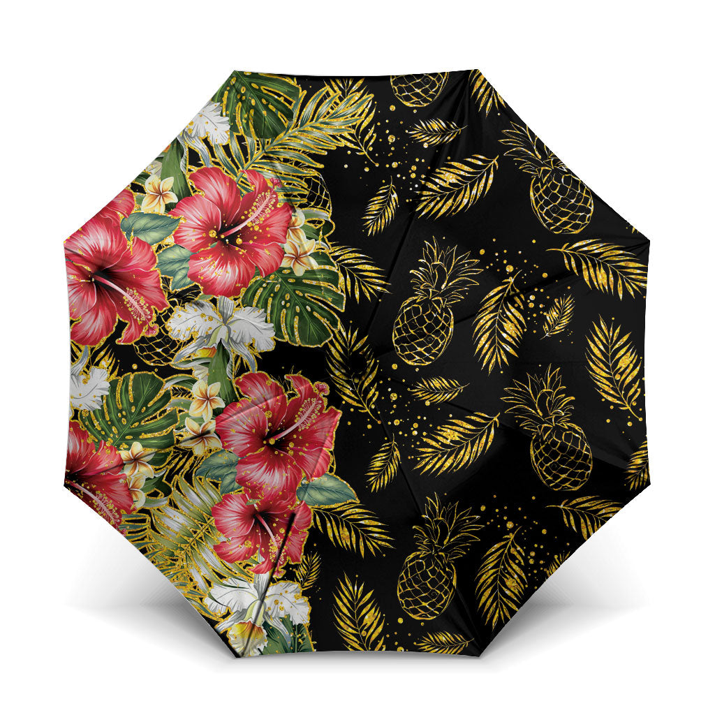 Hawaii Discoverers Day Umbrella Tropical Hibiscus Glitter Black LT05 One Size Folded 11.42 inch Opened Diameter 37.4 inch Black - Polynesian Pride