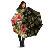 Hawaii Discoverers Day Umbrella Tropical Hibiscus Glitter Black LT05 - Polynesian Pride
