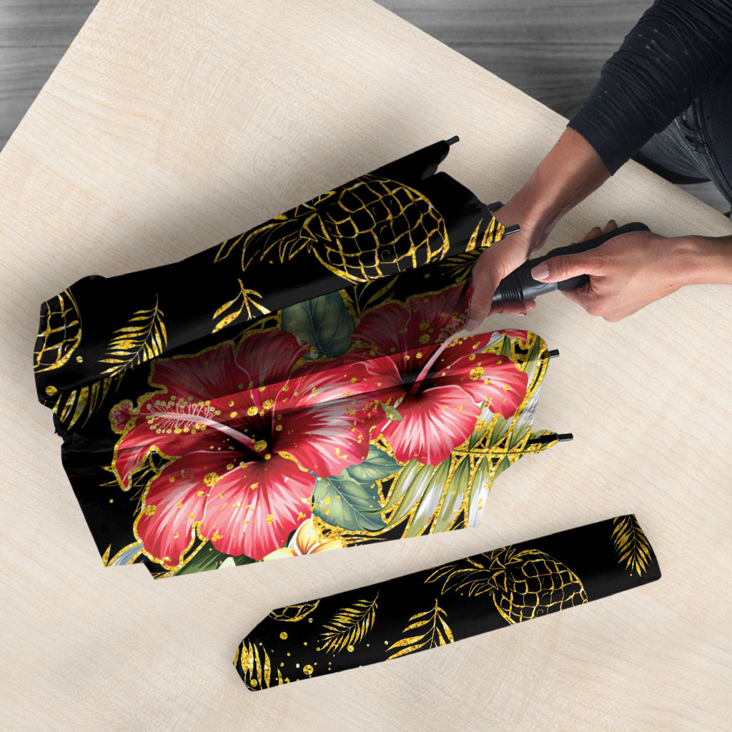 Hawaii Discoverers Day Umbrella Tropical Hibiscus Glitter Black LT05 - Polynesian Pride