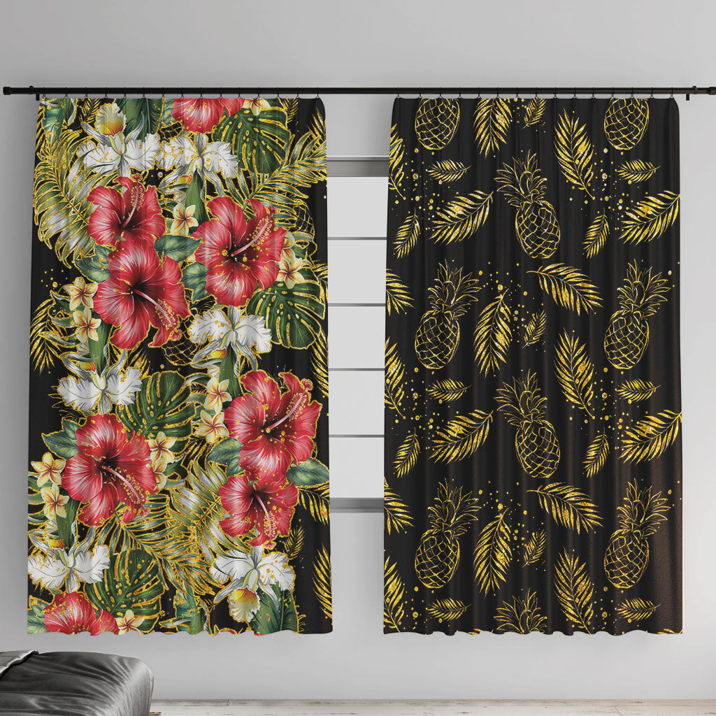 Hawaii Discoverers Day Window Curtain Tropical Hibiscus Glitter Black