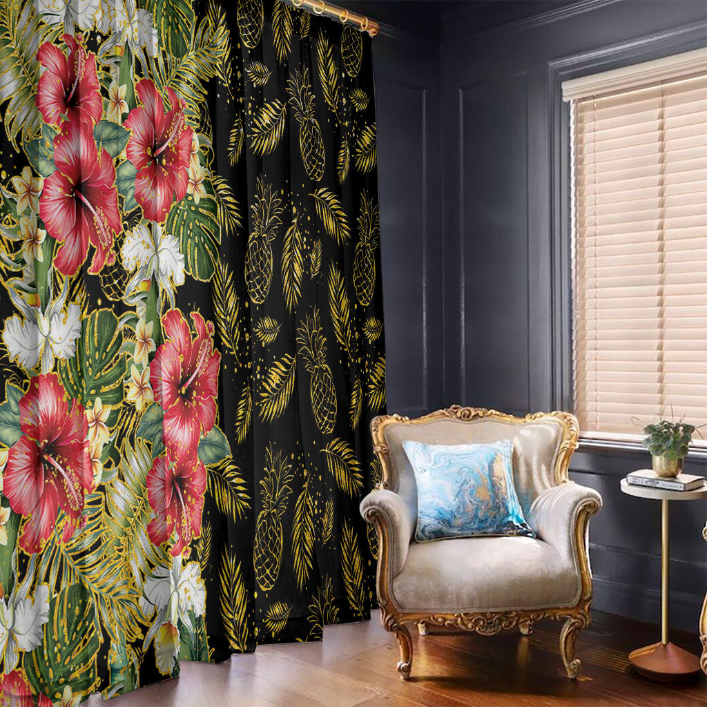 Hawaii Discoverers Day Window Curtain Tropical Hibiscus Glitter Black