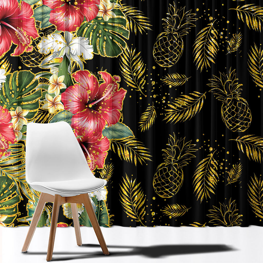 Hawaii Discoverers Day Window Curtain Tropical Hibiscus Glitter Black